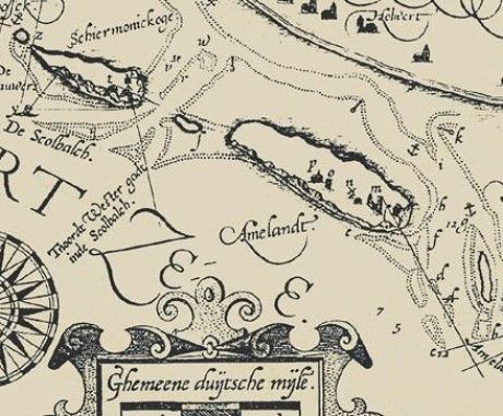 Fragment van de zeekaart van Albert van Haeyen uit 1585. M = ‘Holm of de kerk opt west endt, N = ‘De molen op amelandt’, O = ‘De stins’ (kasteel van Ballum) P = ‘Ballum’ Deze punten hebben destijds als baken voor de zeevaart dienst gedaan - VVV Ameland